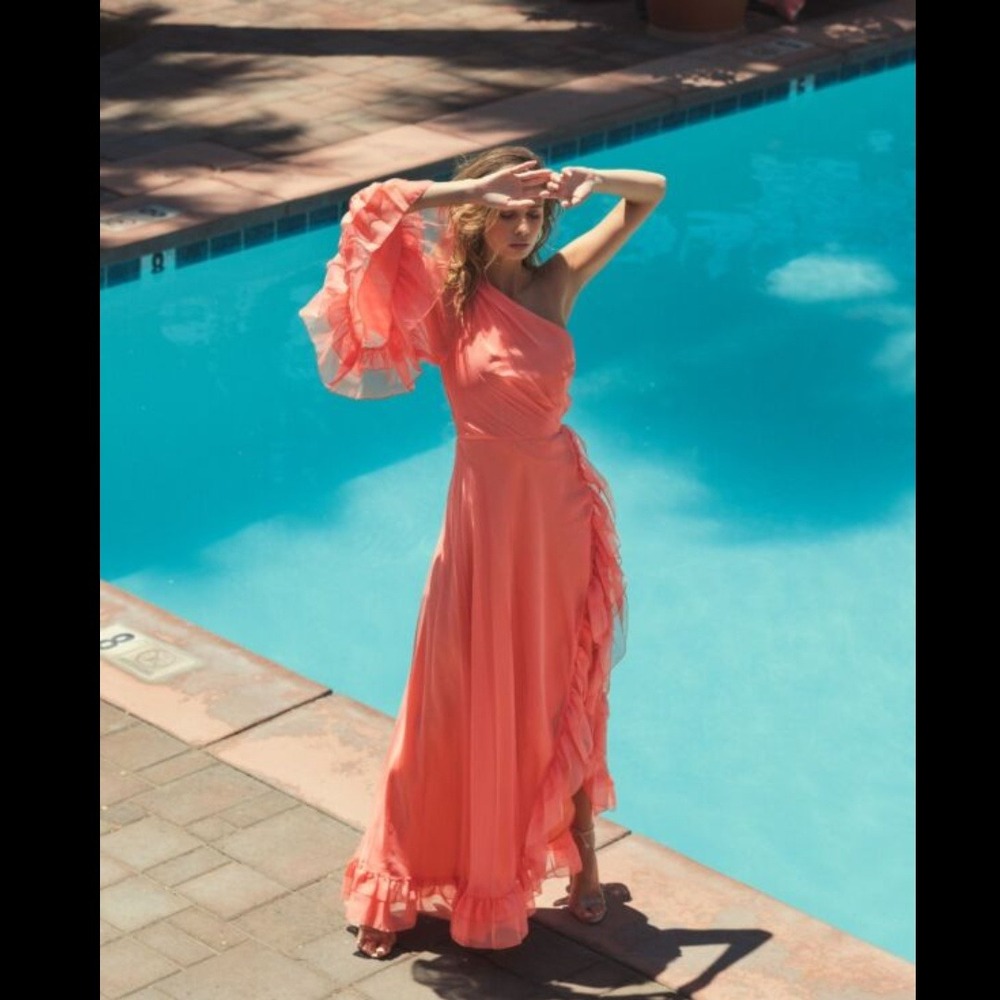 Mac Duggal Size 4 Coral Orange One Sleeve Ruffled Long Maxi Gown Party Dress‎